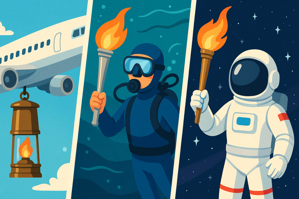 Creative transport methods of the Olympic flame including plane, underwater, and space