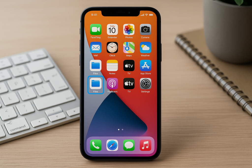 iPhone home screen showing Files app icon for downloads