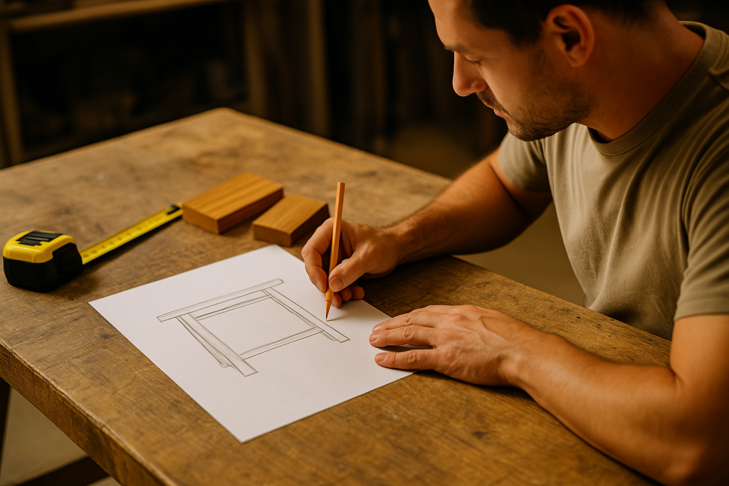 Man sketching DIY outdoor table design with tools on workbench