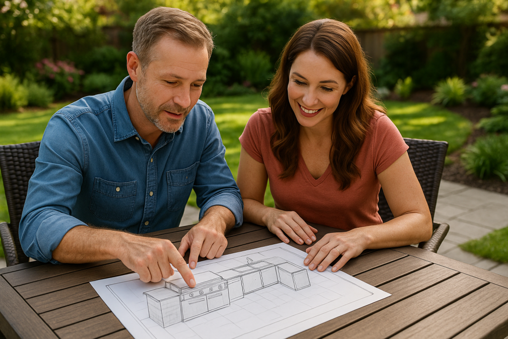 Couple planning outdoor kitchen design with backyard blueprints