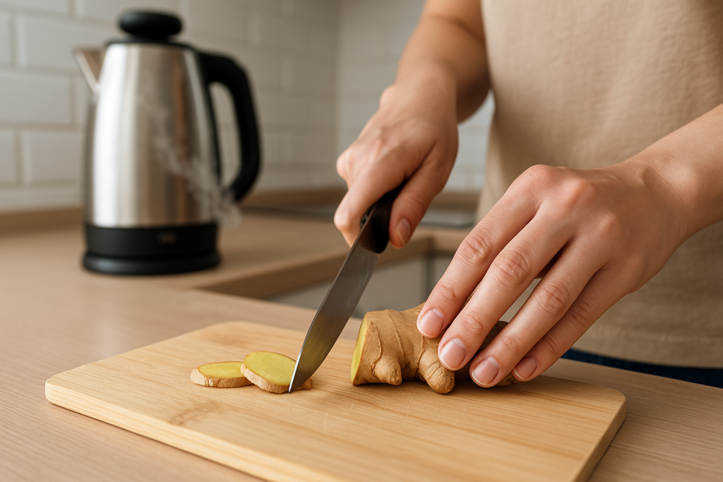 slicing fresh ginger to make tea for weight loss