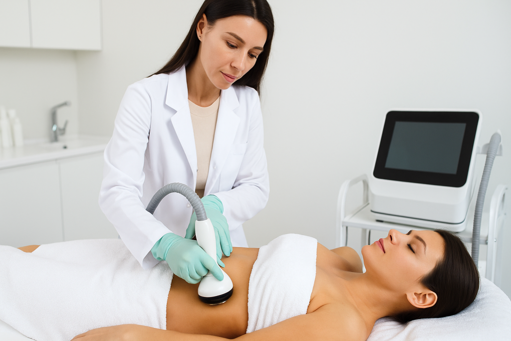 Dermatologist applying radiofrequency therapy for skin tightening
