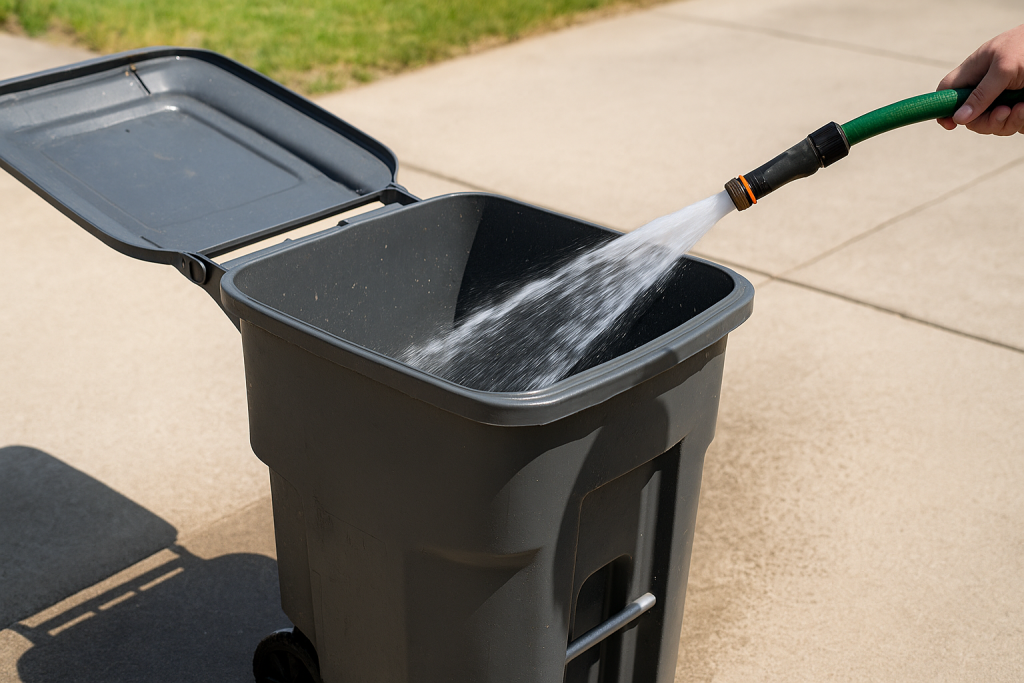 Garden hose rinsing outdoor garbage can with water spray