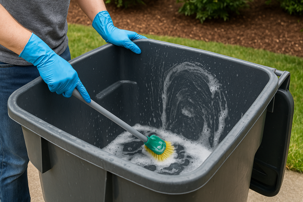 Person scrubbing outdoor garbage can with soapy brush