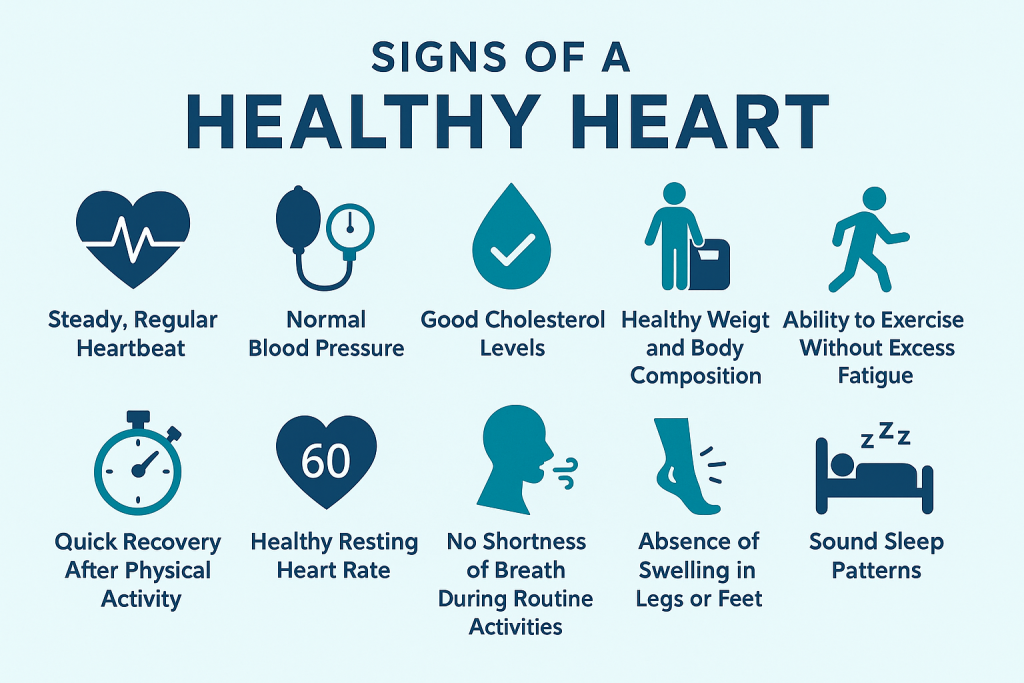 Infographic showing 10 proven signs of a healthy heart with simple health icons