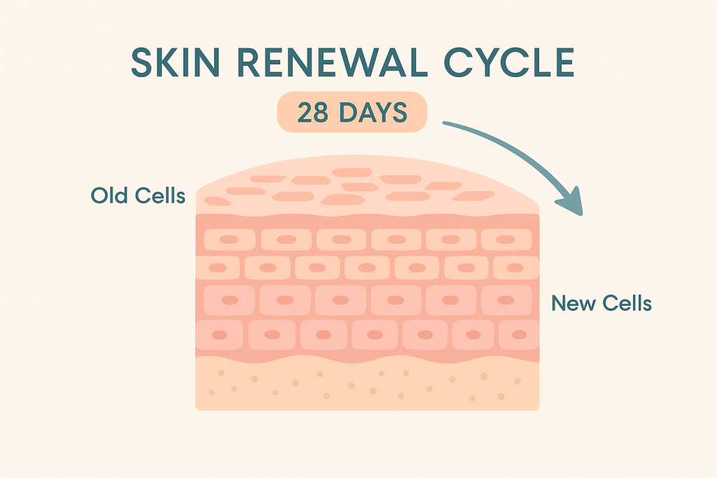 Infographic showing 28-day skin renewal cycle with skin cell layers