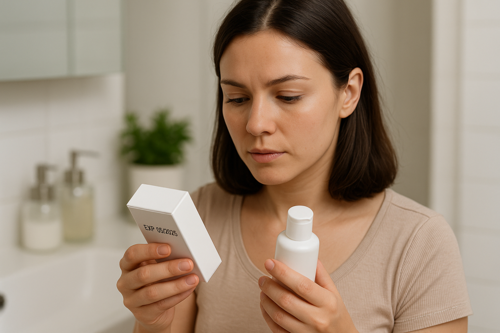 Woman checking expiration date on skincare product packaging