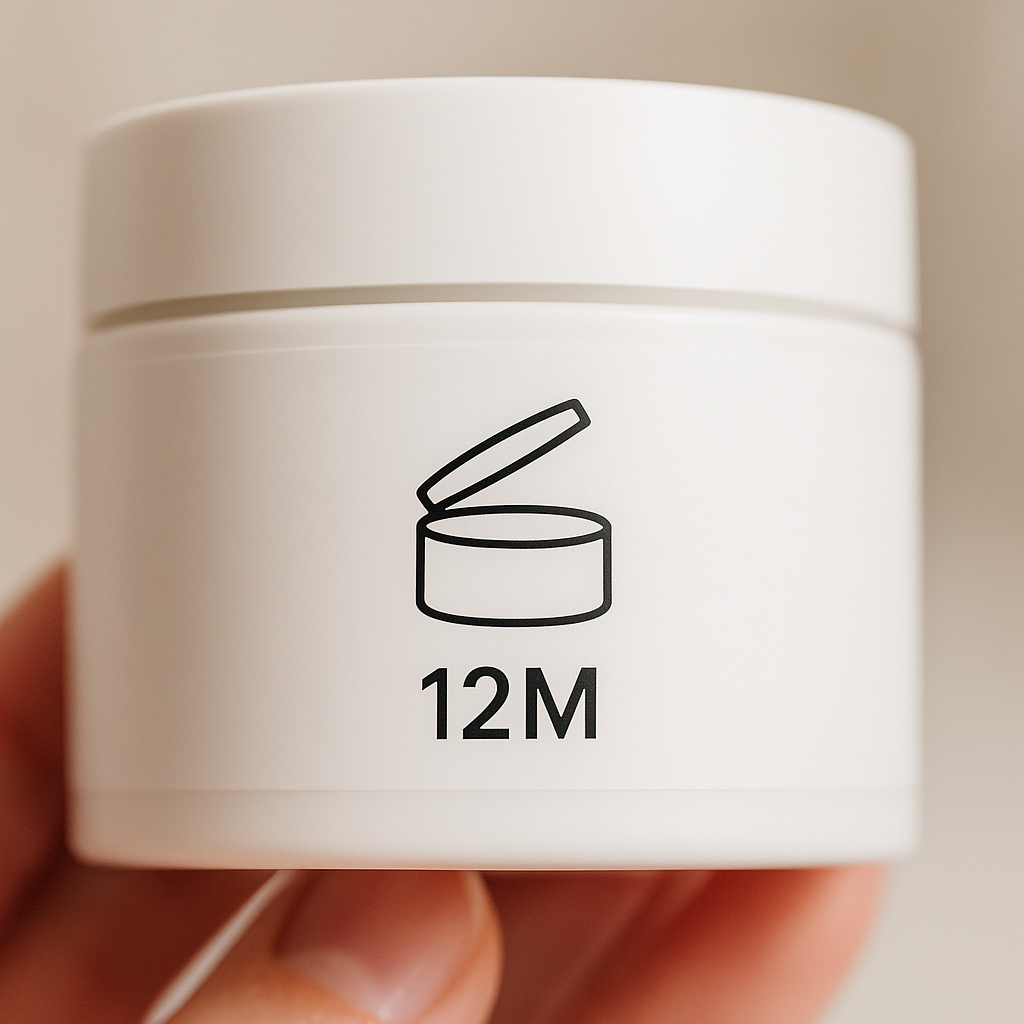 Close-up of skincare jar showing PAO 12-month symbol on label